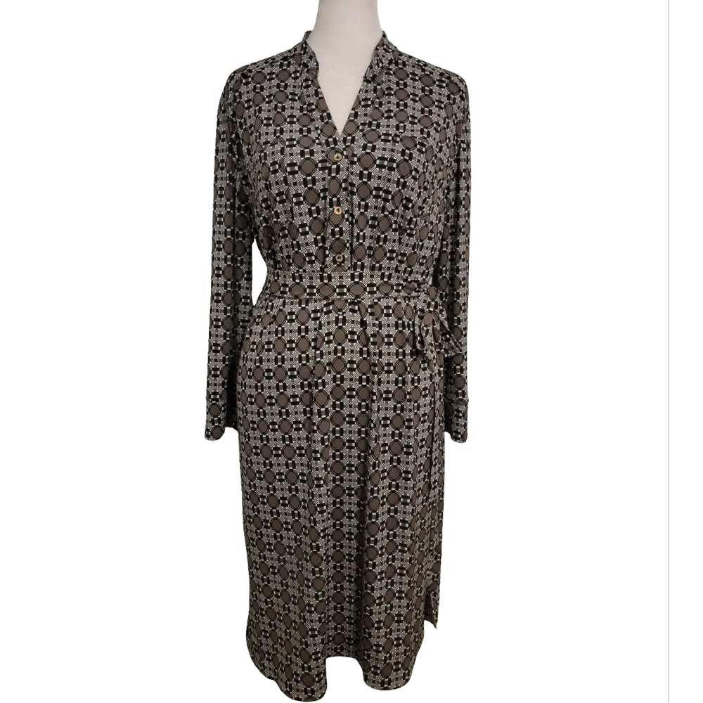 Donna Morgan Size 14 Black Gray White Geo Print Button Down Midi Dress Waist Tie
